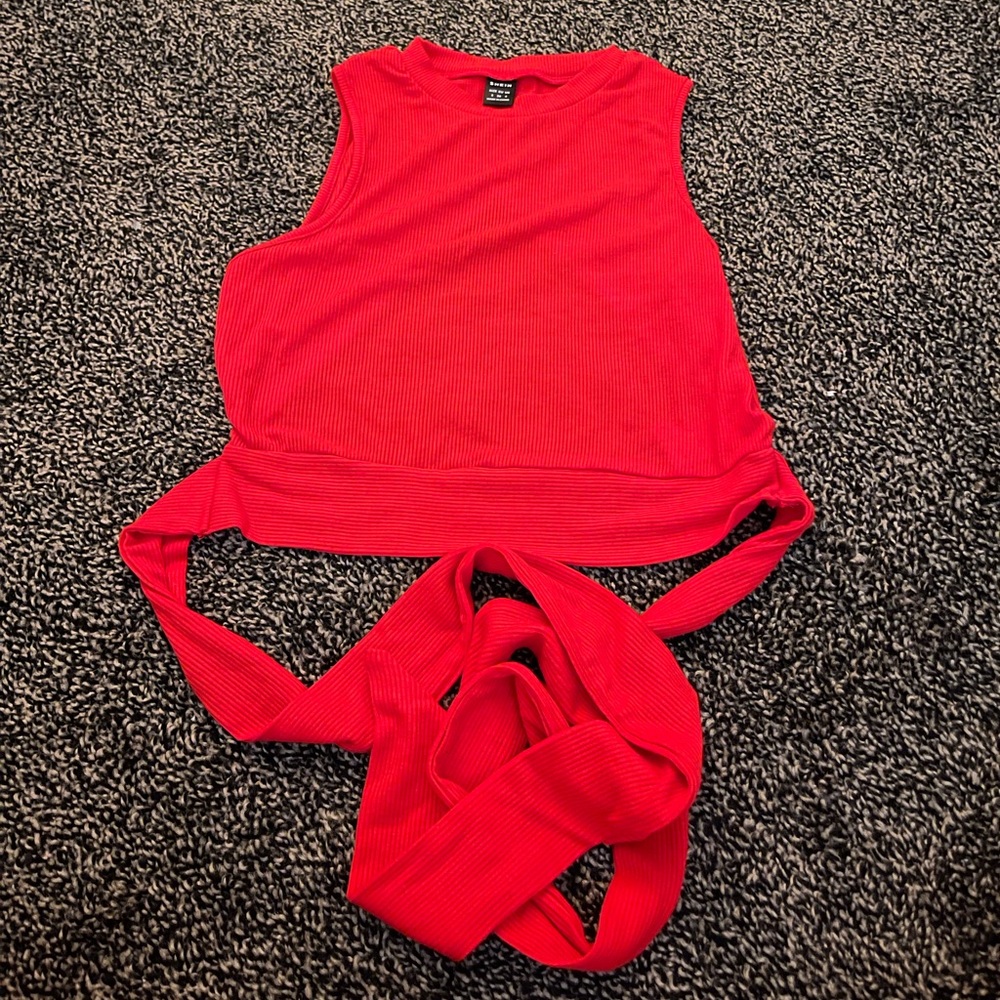 Bright red open back crop top tank